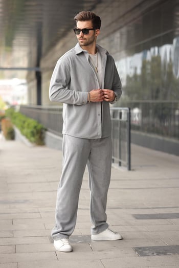 Boyalı Gri Kadife Erkek Gömlek Pantolon Takım E7334