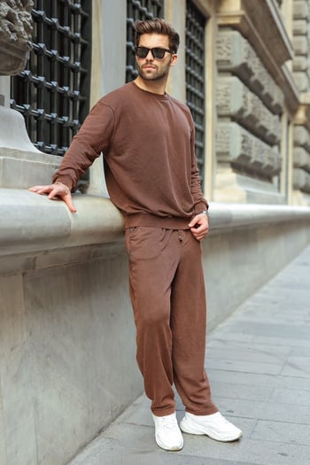 Kahverengi Yıkamalı Bisiklet Yaka Regular Fit Erkek Sweat Eşofman Takım E7369