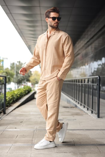 Camel Düğmeli Basic Erkek Gömlek Pantolon Takım E7335