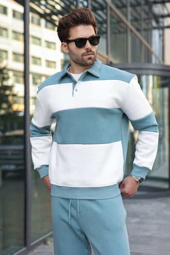 Soluk Mavi Renk Bloklu Polo Yaka Erkek Eşofman Takımı E7368