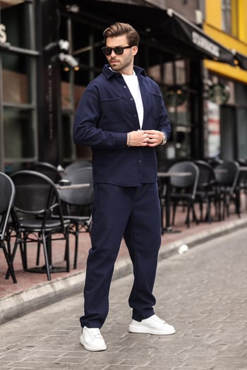 Lacivert Kaşe Erkek Gömlek Pantolon İkili Takım E7328