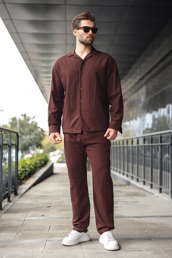 Kahverengi Düğmeli Basic Erkek Gömlek Pantolon Takım E7335