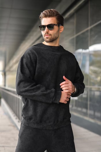 Siyah Bisiklet Yaka Batik Desenli Erkek Sweatshirt Pantolon Takım E7344