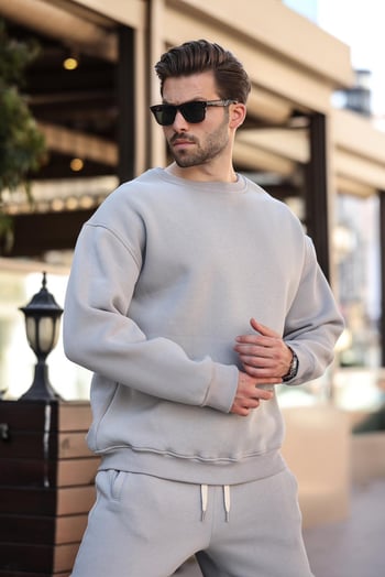 Boyalı Gri Bisiklet Yaka Basic Eşofman Takımı E7329