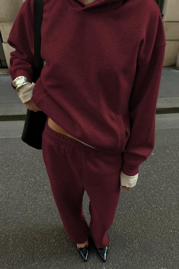 Bordo Kapüşonlu Basic Kadın Eşofman Takımı MG2533