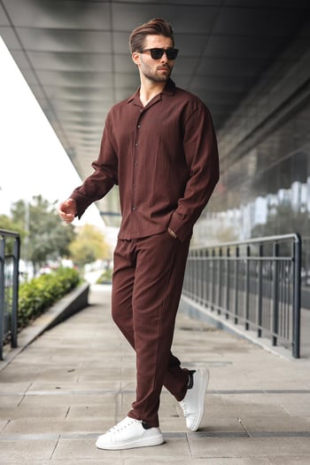 Kahverengi Düğmeli Basic Erkek Gömlek Pantolon Takım E7335