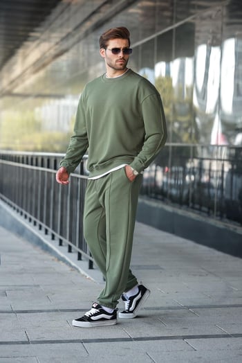 Haki Bisiklet Yaka Basic Erkek Eşofman Takımı E7323