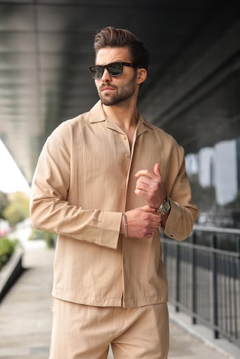 Camel Düğmeli Basic Erkek Gömlek Pantolon Takım E7335