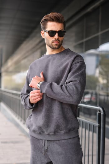 Füme Bisiklet Yaka Batik Desenli Erkek Sweatshirt Pantolon Takım E7344