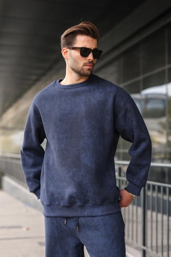 Lacivert Bisiklet Yaka Batik Desenli Erkek Sweatshirt Pantolon Takım E7344