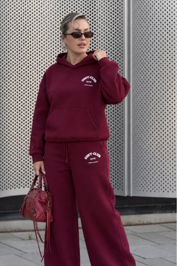 Bordo Kapüşonlu Baskılı Kadın Eşofman Takımı MG2524