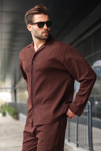 Kahverengi Düğmeli Basic Erkek Gömlek Pantolon Takım E7335