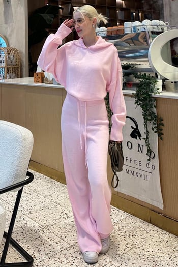 Pembe Kapüşonlu Triko Kadın Eşofman Takımı MG2237