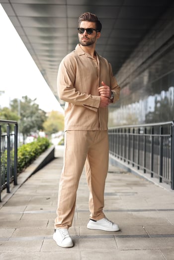 Camel Düğmeli Basic Erkek Gömlek Pantolon Takım E7335