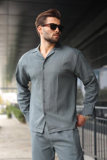 Füme Düğmeli Basic Erkek Gömlek Pantolon Takım E7335