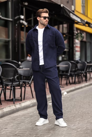 Lacivert Kaşe Erkek Gömlek Pantolon İkili Takım E7328
