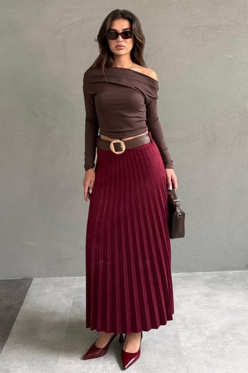 Bordo Pileli Uzun Süet Kadın Etek MG2576