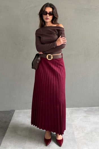 Bordo Pileli Uzun Süet Kadın Etek MG2576