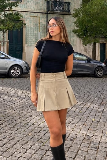 Women Beige Pleated Basic Mini Skirt 