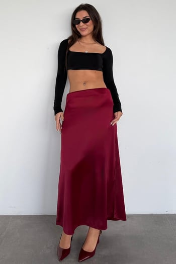 Bordo Saten Midi Boy Şık Kadın Etek MG2637