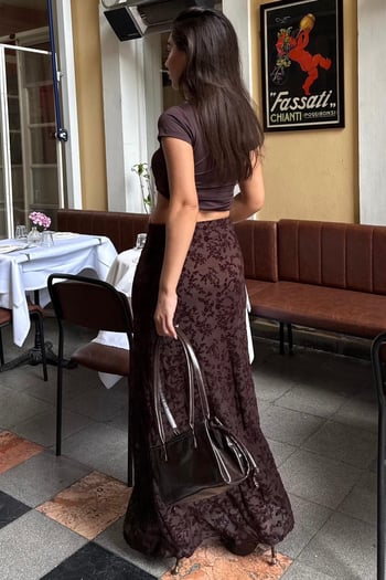 Kahverengi Flok Baskılı Tül Etek MG2711