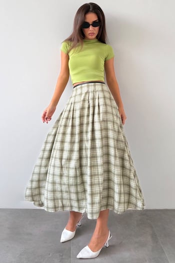 Yeşil Ekose Desenli Pileli Midi Boy Kadın Etek MG2634
