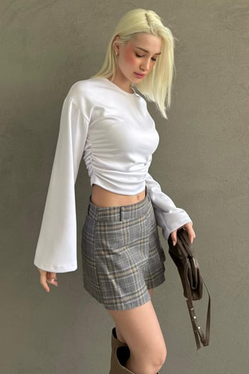 Gri %100Pamuklu Ekose Desen Pileli Mini Şort Etek MG2629