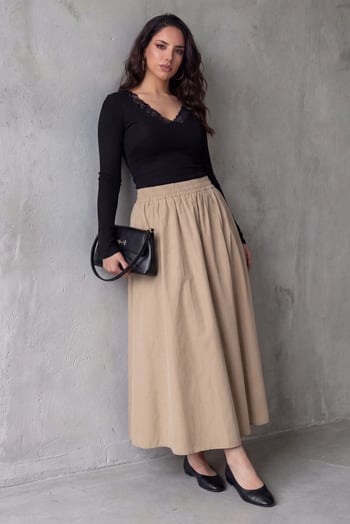 Bej Beli Lastikli Midi Boy Kadın Etek MG2616