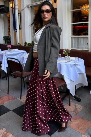 Bordo Puantiyeli Maxi Kadın Saten Etek MG2725