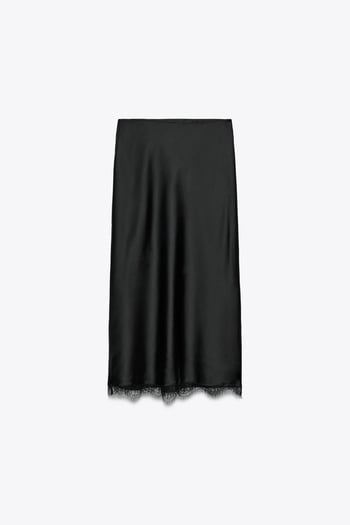 Siyah Saten Dantelli Midi Boy Kadın Etek Mg2538