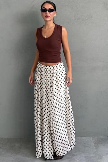 Bej Puantiye Desenli Vintage Şifon Maxi Etek MG2776