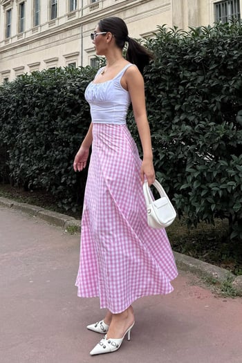 Pembe Pötikareli Midi Boy Kadın Etek Mg2360
