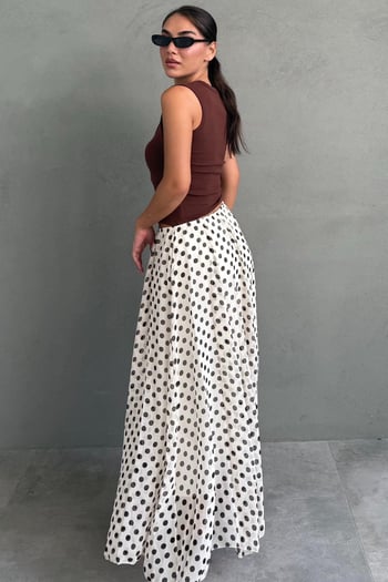 Bej Puantiye Desenli Vintage Şifon Maxi Etek MG2776