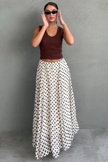 Bej Puantiye Desenli Vintage Şifon Maxi Etek MG2776