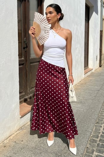 Bordo Puantiyeli Maxi Kadın Saten Etek MG2725
