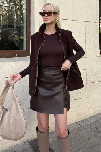 Acı Kahverengi Mini Boy Kadın Deri Etek MG2298