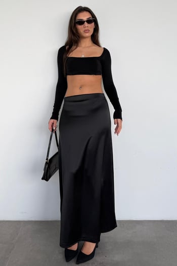 Siyah Saten Midi Boy Şık Kadın Etek MG2637