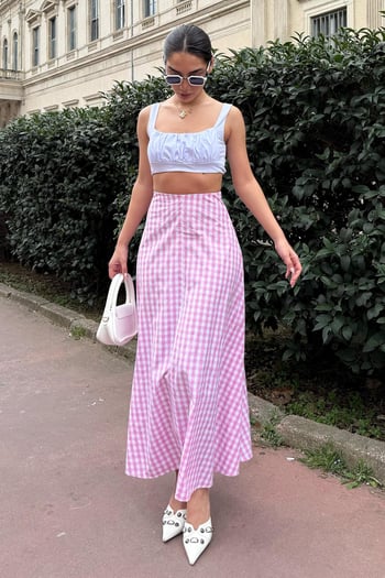 Pembe Pötikareli Midi Boy Kadın Etek Mg2360