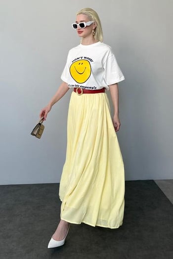 Açık Sarı Vual Kumaş Basic Kadın Uzun Boy Kadın Etek Mg2366