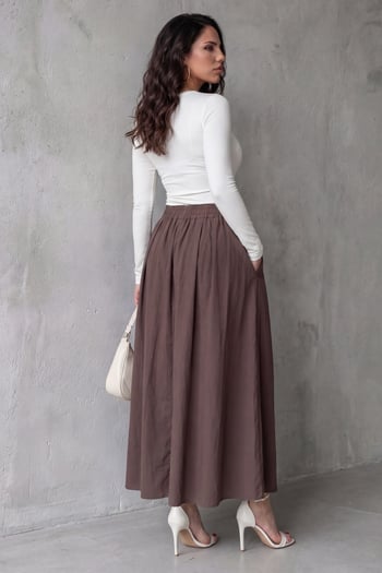 Kahverengi Beli Lastikli Midi Boy Kadın Etek MG2616