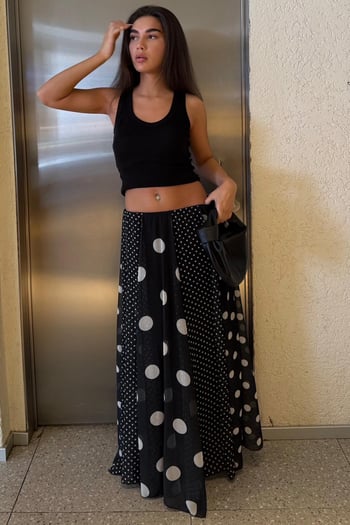 Siyah Çoklu Puantiye Desen Maxi Etek MG2839