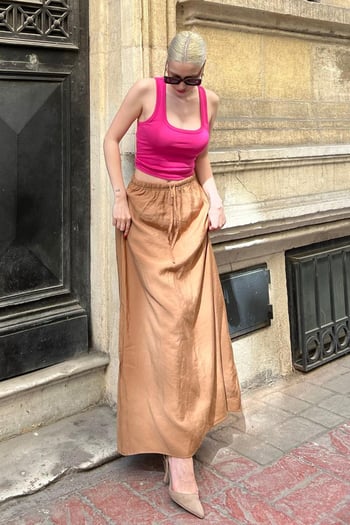 Camel Beli Lastikli Uzun Kadın Etek MG1979