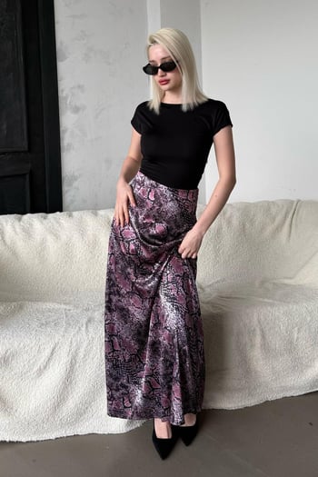 Lila Desenli Saten Kadın Uzun Etek Mg2333