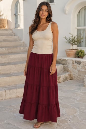 Bordo Basic Pileli Kadın Uzun Etek