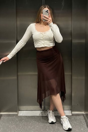 Kahverengi Şifon Asimetrik Kesim Midi Etek MG2777