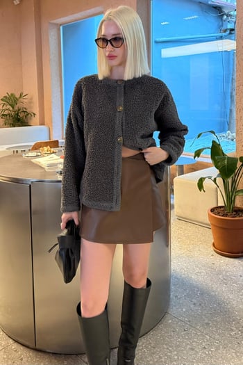 Kahverengi Deri Mini Şort Etek Mg2550