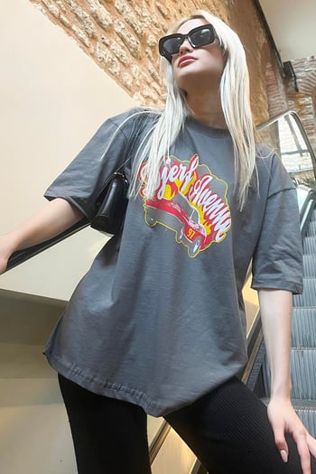 Füme Baskılı Oversize Kadın Tişört MG1836