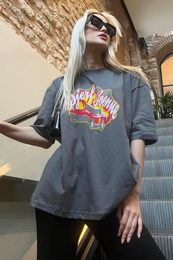 Füme Baskılı Oversize Kadın Tişört MG1836