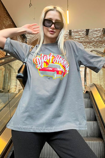 Füme Baskılı Oversize Kadın Tişört MG1836