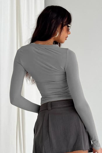 Boyalı Gri Bisiklet Yaka Basic Uzun Kollu Bluz  MG1701